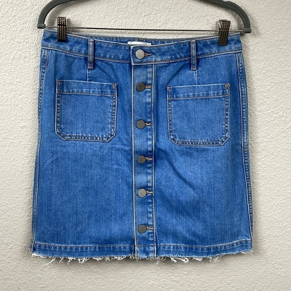 Loft Outlet Button Front Denim Jean Pencil Skirt Patch Pockets Raw Hem Sz 6
